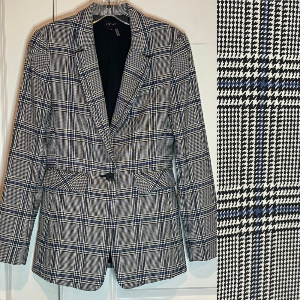 1. State Black White Blue Plaid Single Button Blazer 2